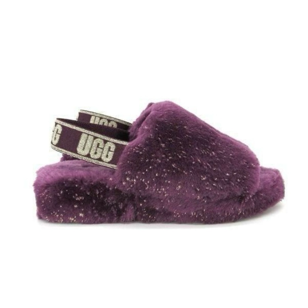 UGG Fluff Yeah Metallic Sparkle Slide Pinot Noir Purple Sheepskin Slippers Sz 11 - Picture 2 of 12